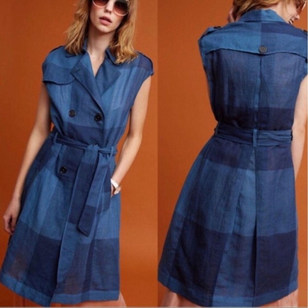 Anthropologie Eva Franco Blue Plaid Belted Dress Size Medium